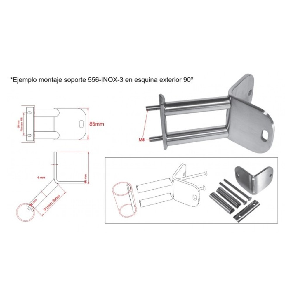 2556-INOX-3 Medida soporte de acero inox para postes a 90º 2556-INOX-3 Medida soporte de acero inox para postes a 90º